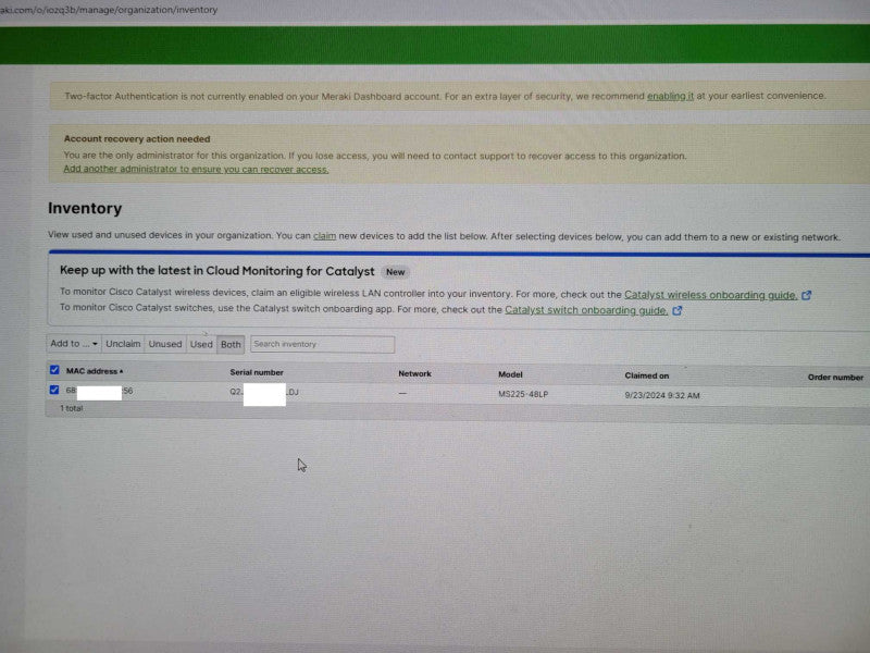 Cisco Meraki MS225-48LP 48-Port Gigabit PoE+ Ethernet Switch, UNCLAIMED _