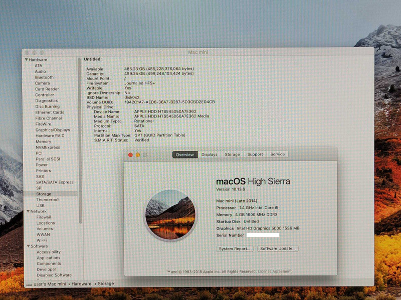 Mac Mini (Late 2014), i5-4260U 1.4GHz, 4GB DDR3, 500GB HDD, Model: A1347