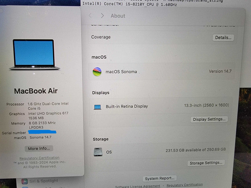 Apple MacBook Retina Air A1932 13" | i5-8210Y @1.6GHz | 8GB DDR3 | 250GB SSD