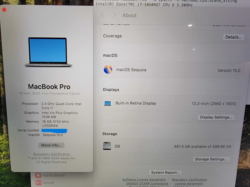 Apple MacBook Pro Retina 2020 13" | i7-1068NG7 @2.3GHz | 16GB DDR4 |500GB SSD