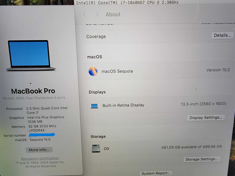 Apple MacBook Pro Retina 2020 13" | i7-1068NG7 @2.3GHz | 32GB DDR4 |500GB SSD