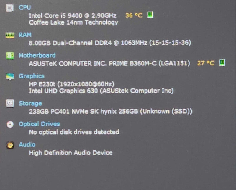 Custom PC, ASUS PRIME B360M-C, i5-9400 2.90GHz, 8GB DDR4, 256GB NVMe