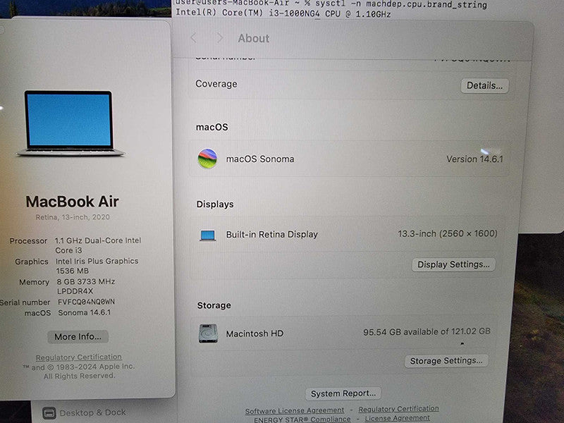 Apple Macbook Air 2020 13" 2-Core i3-1000NG4 @ 1.1GHz 8GB DDR4 120GB SSD - READ