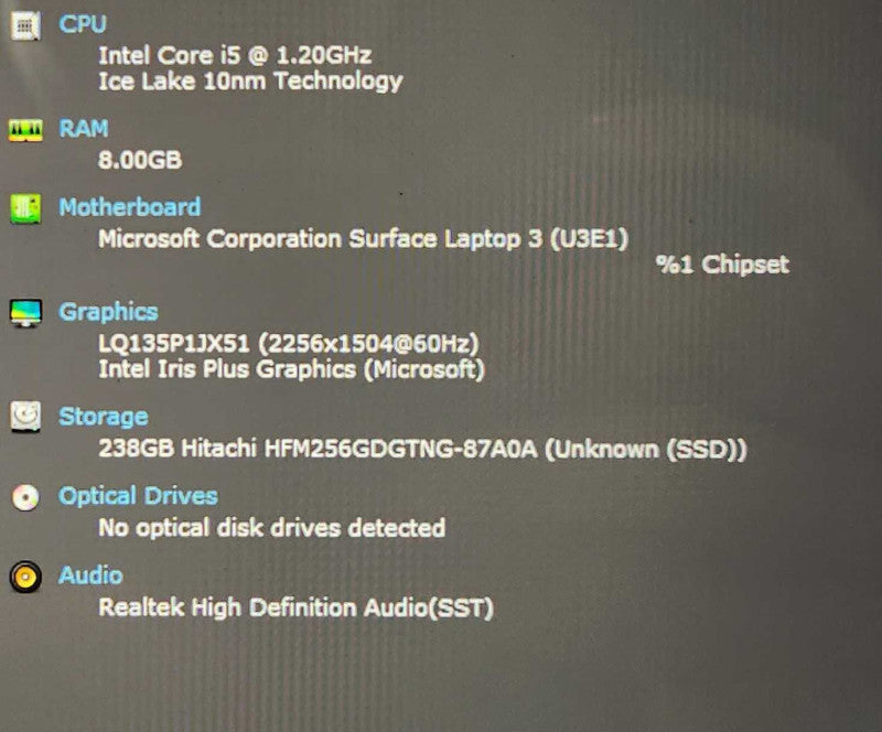 Microsoft Surface Laptop 3, i5-1035G7 1.20GHz, 8GB RAM, 256GB SSD  Lap200