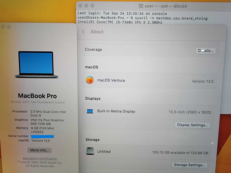 Apple MacBook A1708 2017 13" | 2-Core i5-7360U @2.3GHz | 8GB DDR3 | 120GB SSD