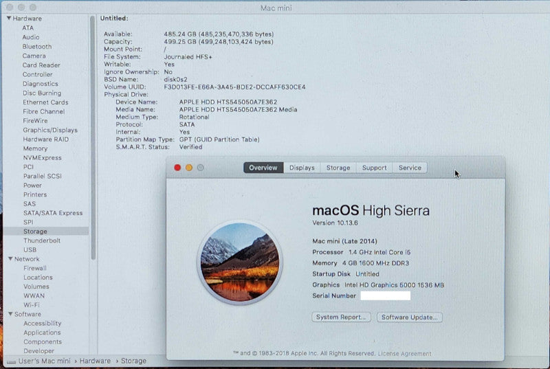 Mac Mini (Late 2014), i5-4260U 1.4GHz, 4GB DDR3, 500GB HDD, Model: A1347