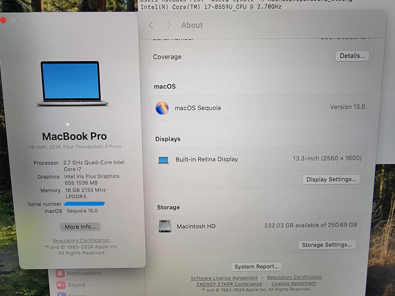 MacBook Pro A1989 2018 13" | i7-8559U @2.7GHz | 16GB DDR3 | 250GB SSD - READ