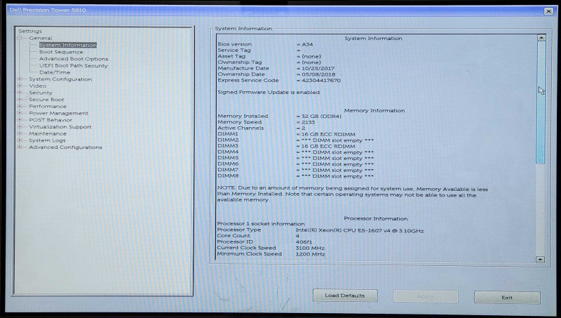 Dell Precision T5810, Xeon E5-1607 v4 3.10GHz 4C, 32GB RAM, No HDD, AMD W5100