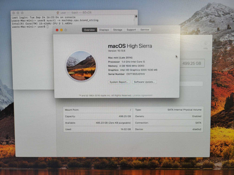 Mac Mini Late 2014, Core I5-4260U 1.4GHz, 4GB RAM, 500GB HDD, OS High Sierra !