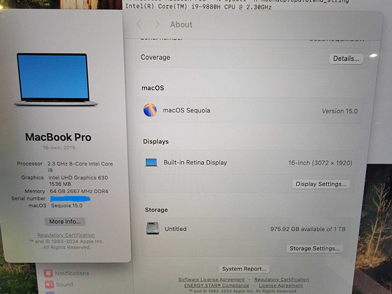 Macbook Pro 2019 16" 8-Core i9-9880H @2.3GHz 64GB DDR4 500GBSSD Radeon -READ