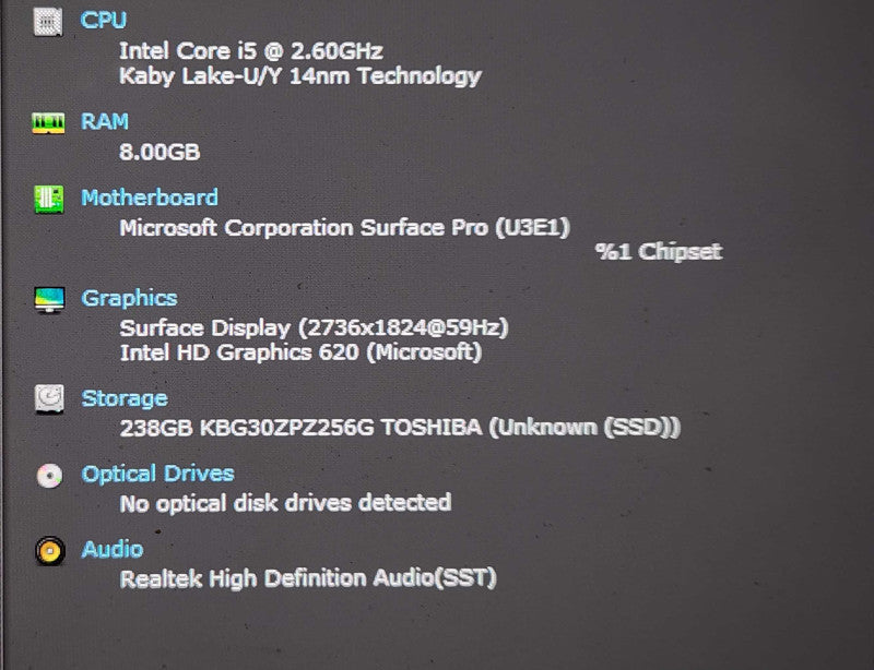 Microsoft Surface Pro 1796, i5-7300U 2.60GHz, 8GB Ram, 256GB SSD Q