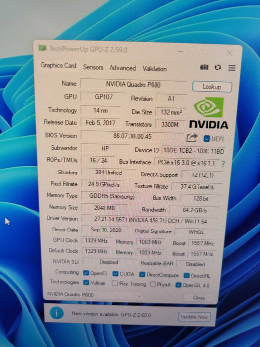 NVIDIA QUADRO P600 2GB PCIE %