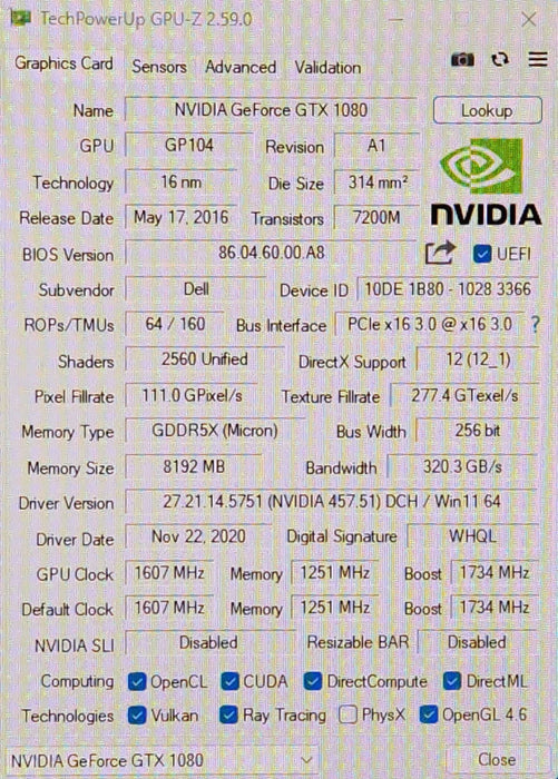 Dell NVIDIA GeForce GTX 1080 8GB GDDR5X PCIe 3.0 Graphics Card