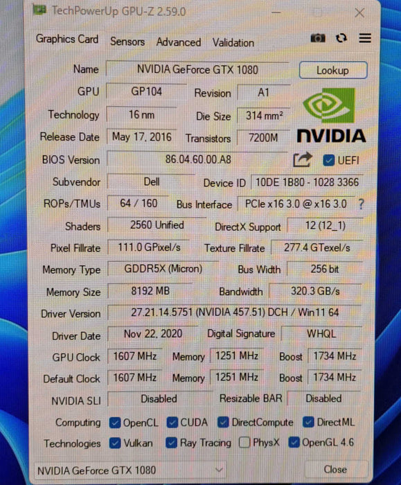 Dell NVIDIA GeForce GTX 1080 8GB GDDR5X PCIe 3.0 Graphics Card