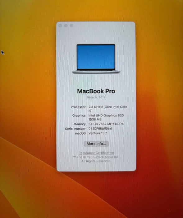 Apple MacBook Pro 16" i9-9880H Radeon Pro 5500M 64GB RAM 1TB SSD READ!