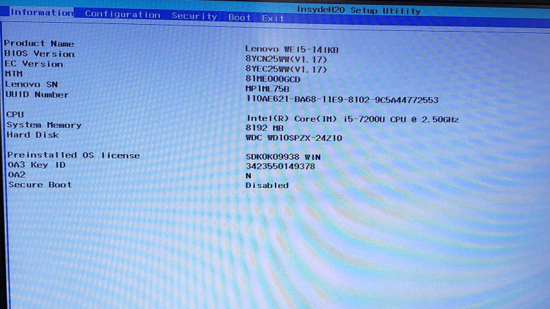 Lenovo WEI5-14IKB  i5 7200U CPU, 8GB RAM, 237GB SSD