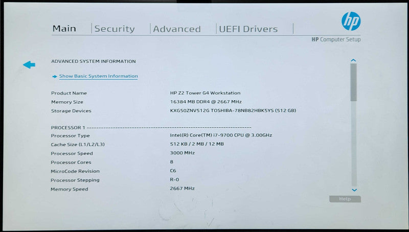 HP Z2 Tower G4 Workstation, i7-9700 3.00GHz 8C, 16GB DDR4, 512GB NVMe