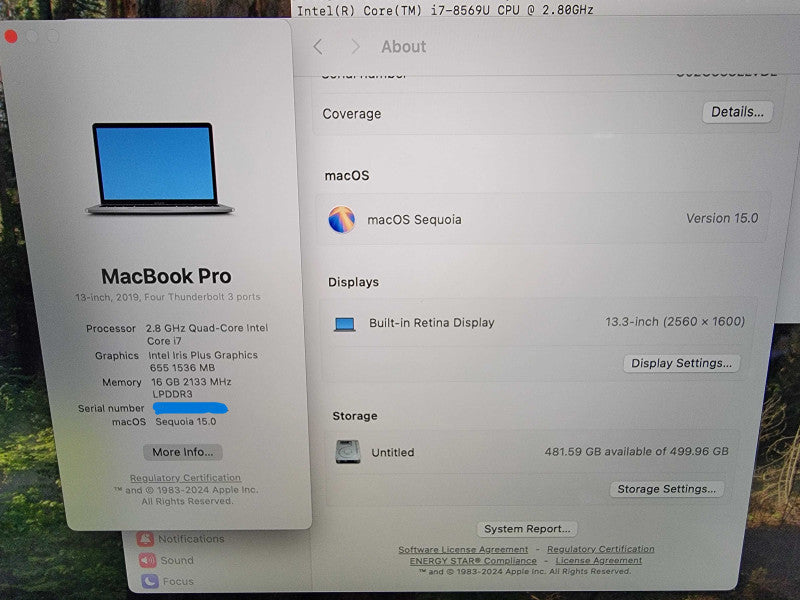 MacBook Pro Retina 2019 13" | i7-8569U @2.8GHz | 16GB DDR3 | 500GB SSD - READ