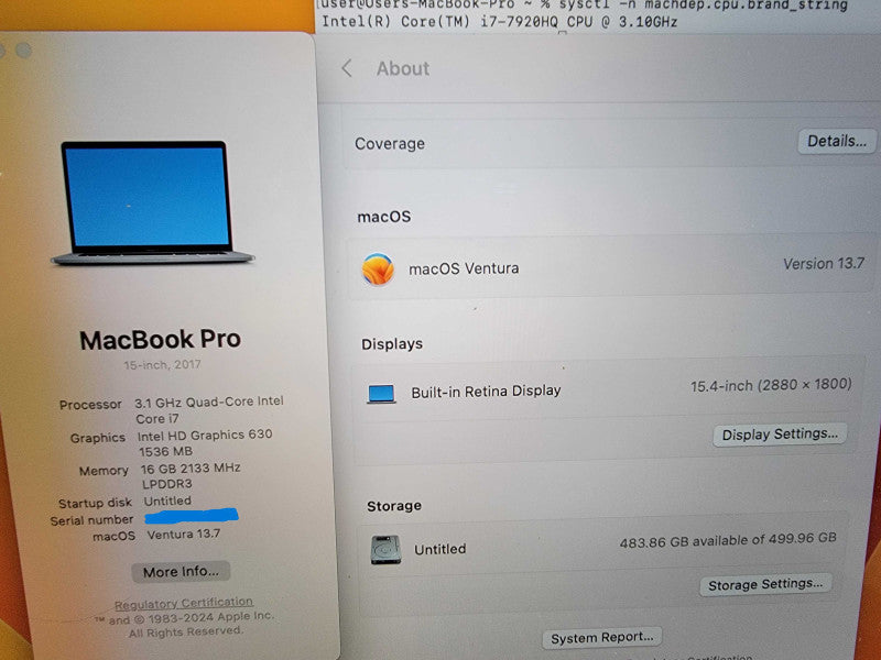 MacBook Pro Retina 2017 15" i7-7920HQ @3.1GHz 16GB DDR3 500GB SSD - READ