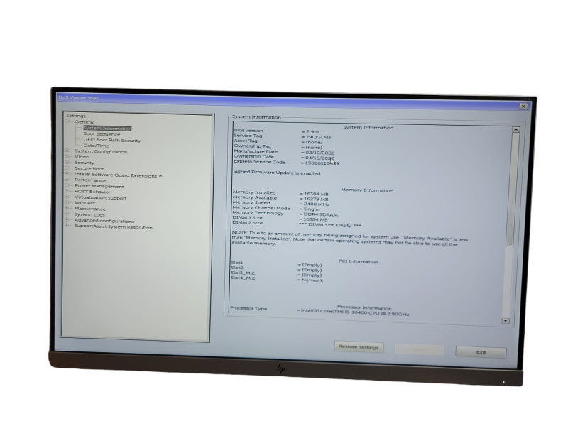 Dell Vostro 3681 Intel Core i5 -10400 CPU  @ 2.9GHz 16GB DDR4 Ram θ