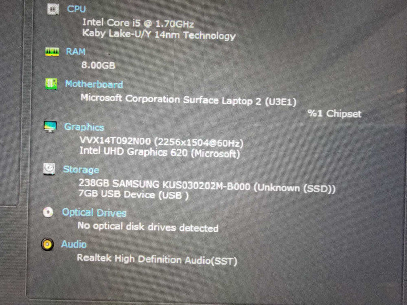 MS Surface Laptop 2 1769 | 4-Core i5-8350U @1.7GHz | 8GB RAM 256GB SSD - READ  Lap200