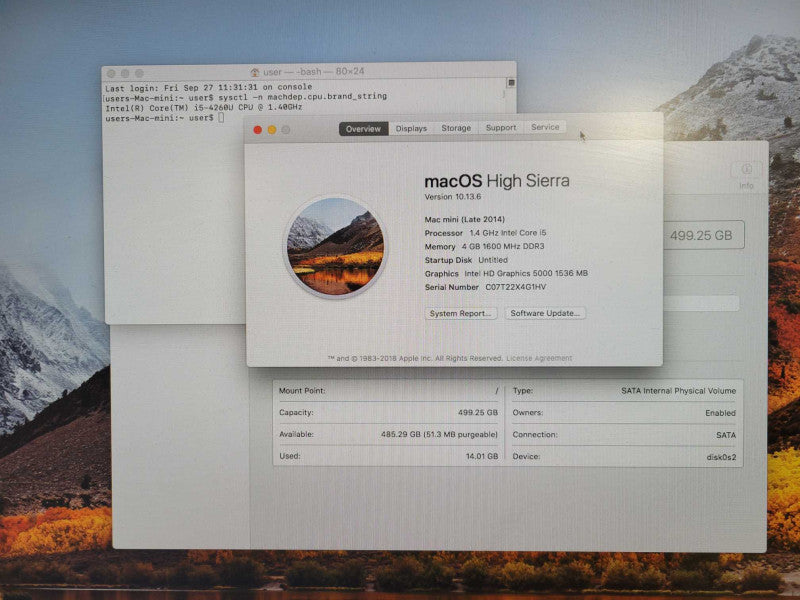 Mac Mini Late 2014, Core I5-4260U 1.4GHz, 4GB RAM, 500GB HDD, OS High Sierra !