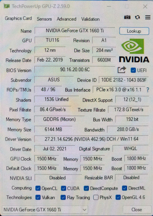 ASUS NVIDIA GTX 1660 Ti 6GB GDDR6 Graphics Card