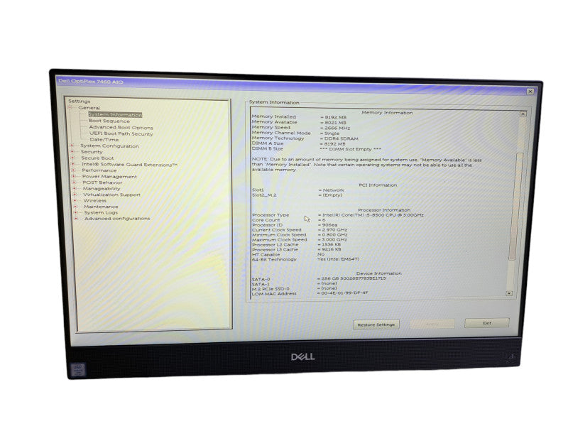 Dell OptiPlex 7460 AIO | i5-8500 @ 3.00GHz 6C, 8GB DDR4, 256GB SSD *No Stand