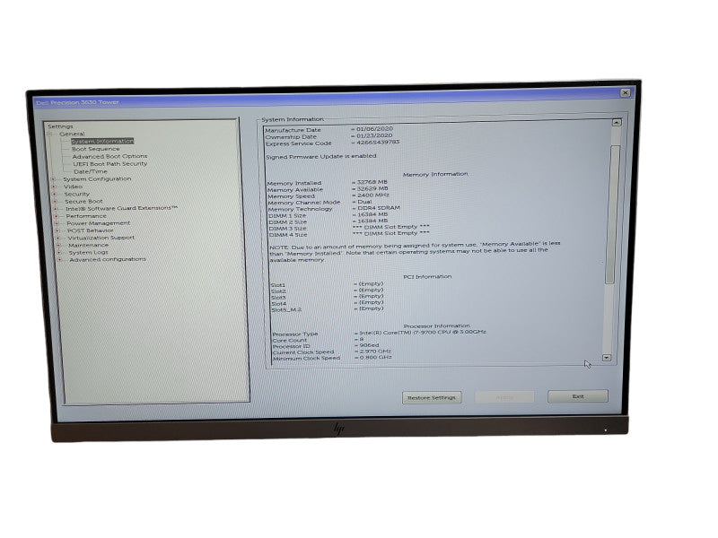 Dell Precision 3630 Tower i7 - 9700 CPU @ 3.00GHz 32GB DDR4 Ram θ