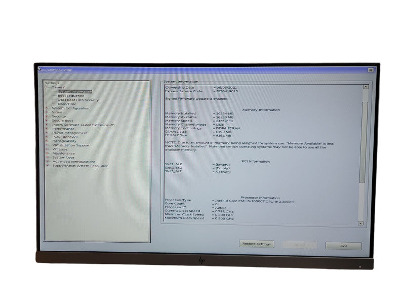 Dell OptiPlex 7080 Micro Intel i5 - 10500T CPU @ 2.30GHz 16GB DDR4 Ram θ