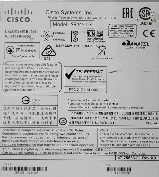 Cisco 4400 Series ISR4451-X/K9 V06 Integrated Service Router with RACK EARS _