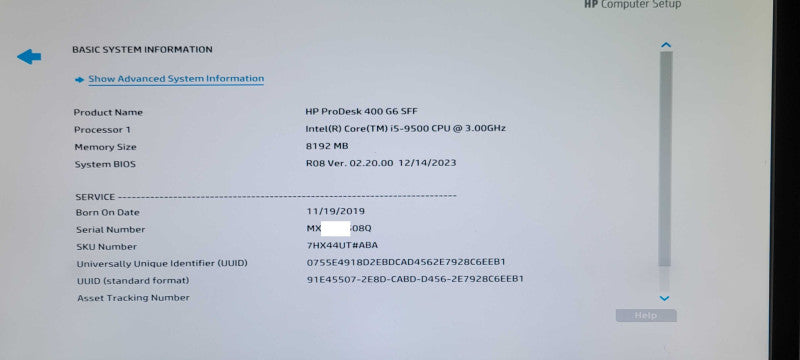 HP ProDesk 400 G6 SFF, Core i5-9500 3.00GHz, 8GB DDR4, 256GB NVMe Q_