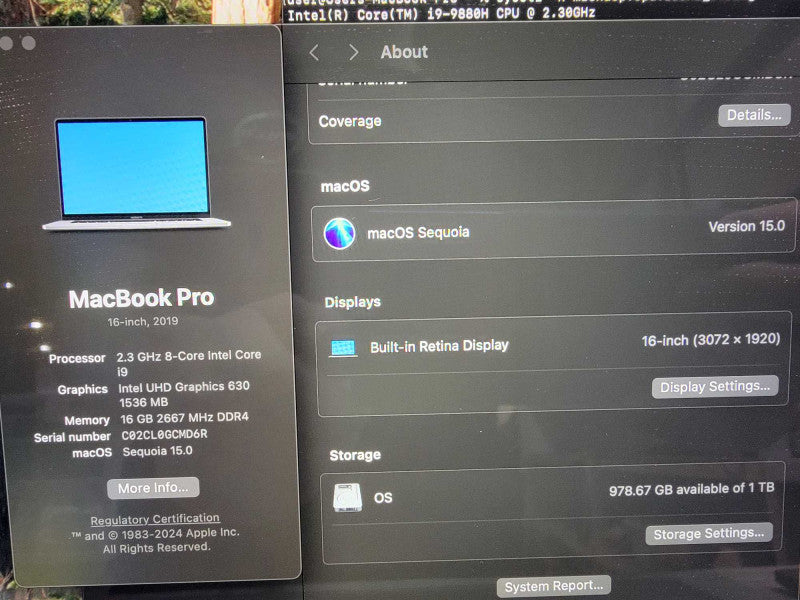 MacBook Pro 2019 16" 8-Core i9-9880H @2.3GHz 16GB DDR4 1TB SSD Pro 5500M READ