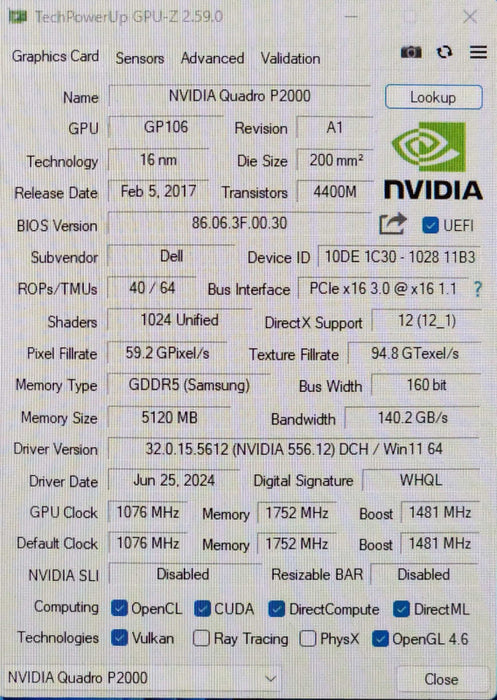 NVIDIA Quadro P2000 5GB Graphics Card 4x DisplayPort