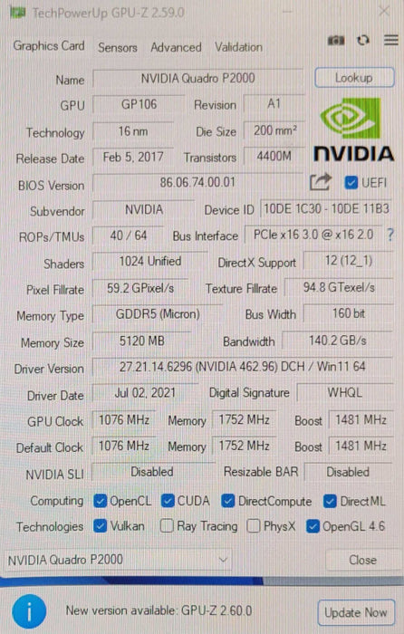 NVIDIA Quadro P2000 5GB Graphics Card 4x Display Ports _