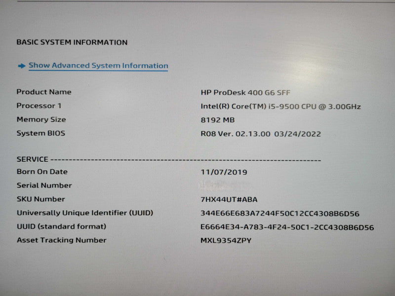 HP ProDesk 400 G6 SFF, Core i5-9500 3.00GHz, 8GB DDR4, 256GB NVMe !