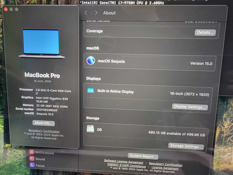 MacBook Pro 16" 6-Core i7-9750H @2.6GHz 16GB DDR4 500GB SSD Pro 5300M - READ