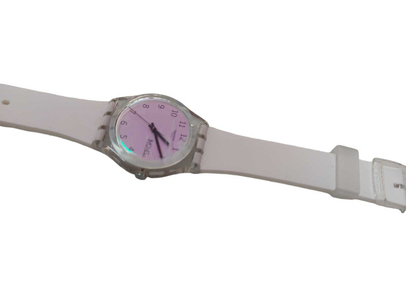 Swiss Swatch Womens Ultrarose Silicone Pale Pink Date Watch 34mm =