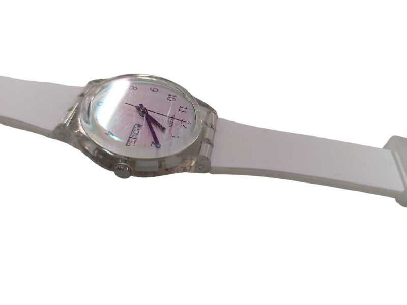 Swiss Swatch Womens Ultrarose Silicone Pale Pink Date Watch 34mm =