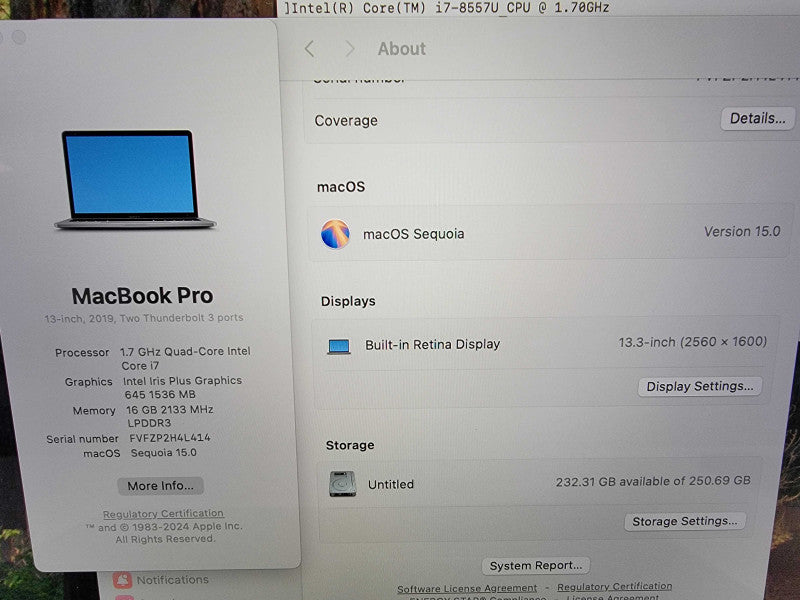 MacBook Pro 2019 13" 4-Core i7-8557U @1.7GHz | 16GB RAM | 250GB SSD - READ