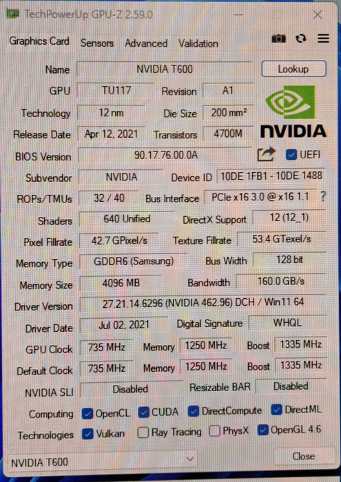 NVIDIA Quadro T600 4GB GDDR6 High Profile Graphics Card 4x Mini Display Port