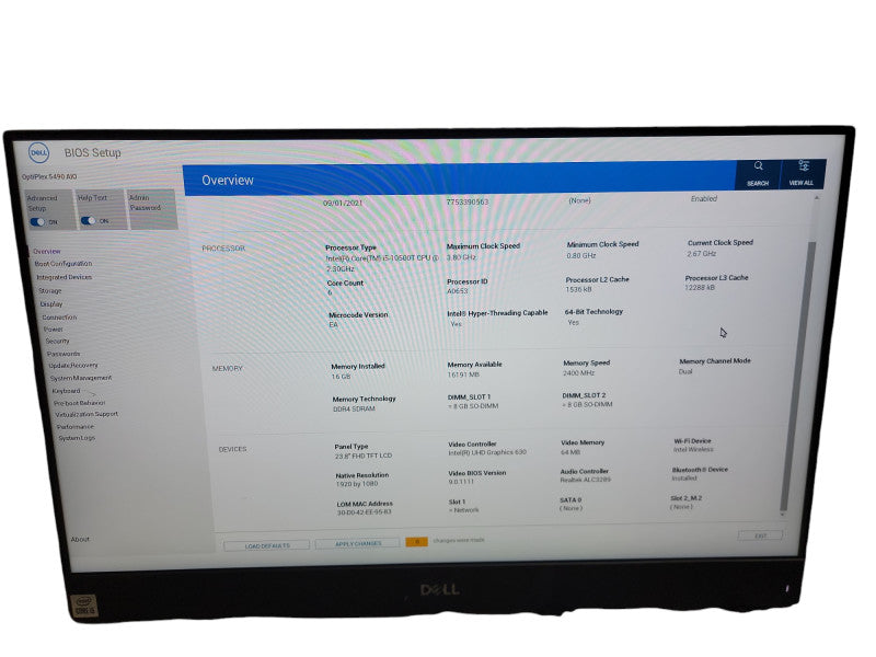 Dell OptiPlex 5490 23.8" AIO i5 -10500T CPU @ 2.30GHz 16GB DDR4 Ram θ