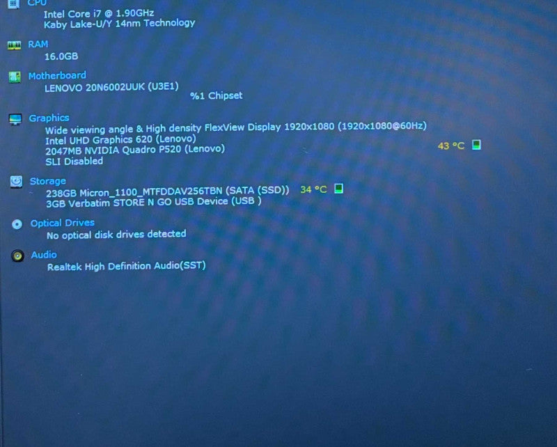 Lenovo ThinkPad P53s i7-8665U QUADRO P520 2GB GPU 16GB 256SSD READ!  Lap200