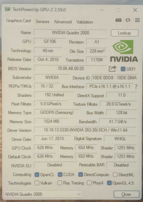 NVIDIA Quadro 2000 | 1GB GDDR5 | 2xDP 1xDVI