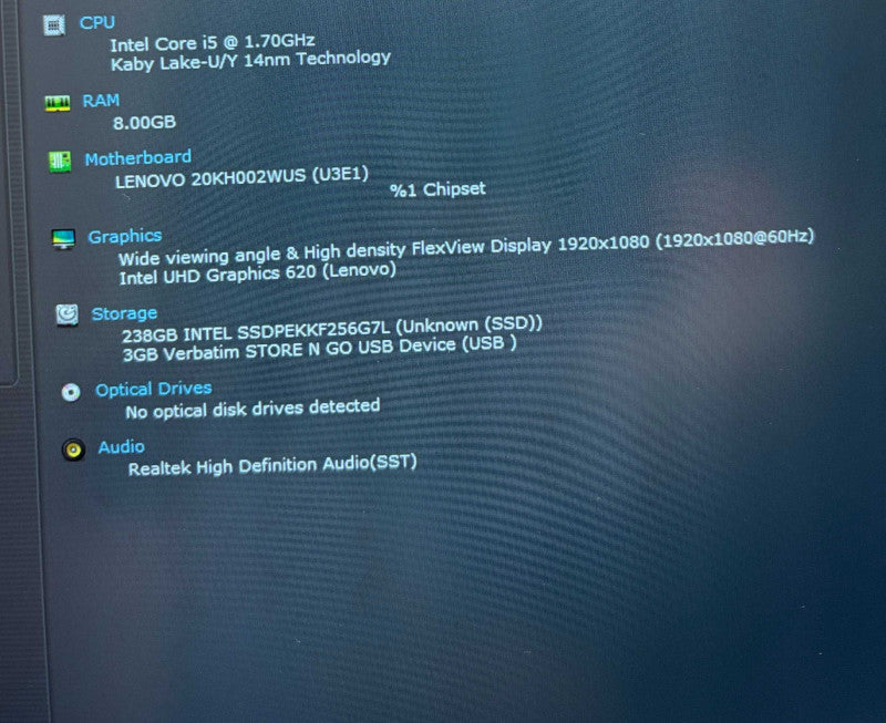 Lenovo ThinkPad X1 Carbon Intel Core i5-8350U@1.7GHz 8GB RAM 256GB SSD Q Lap200