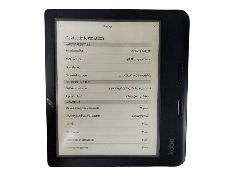 Kobo Libra 2 32 GB WiFi 7 inch eBook Reader