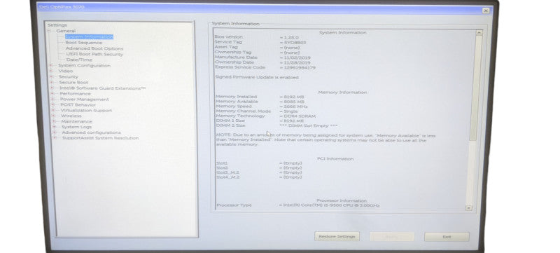 Dell OptiPlex 3070 SFF | Core i5-9500 | 8GB DDR4 | No HDD