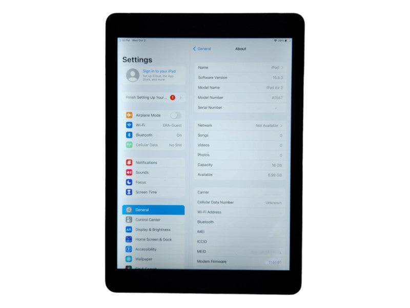 Apple iPad Air 2 16GB Wi-Fi + Cellular, Model: A1567, Unlocked
