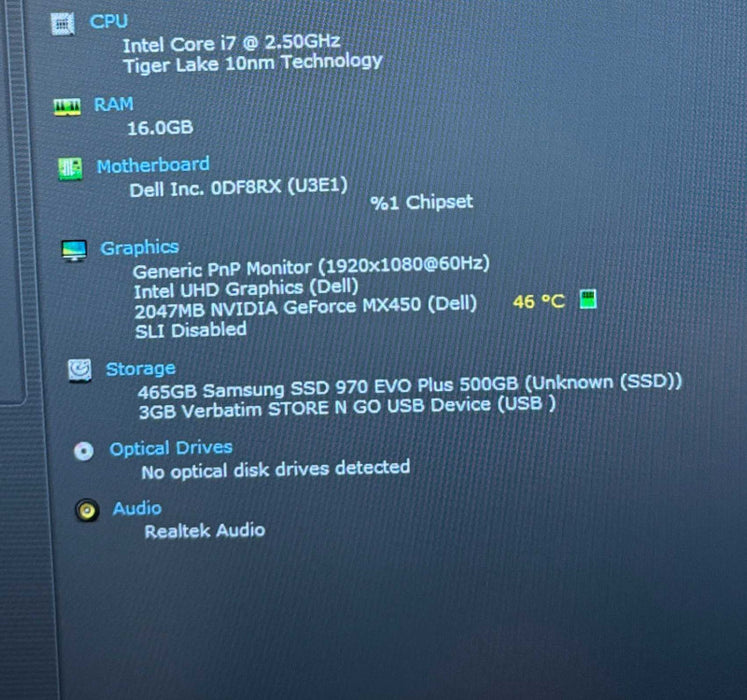 Dell Latitude 5421 i7-11850H GeForce MX450 16GB RAM 500SSD No Power Adapter Q Lap200