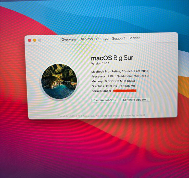 Apple MacBook Pro Retina 15-inch Late 2013 8GB 256SSD No Power Adapter